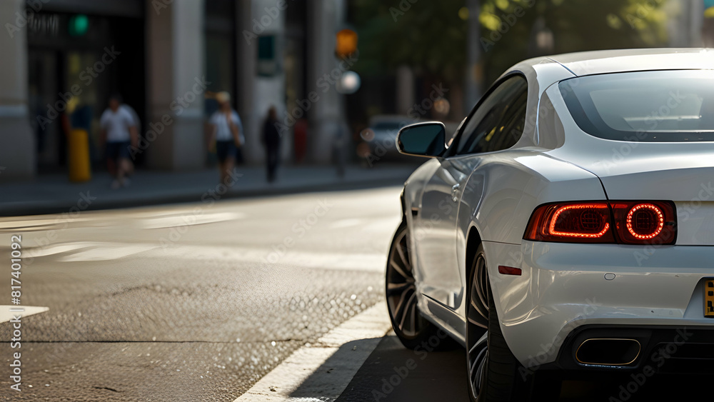 A high-tech white car driving down a tree-lined avenue, with futuristic buildings in the background High illustration, 8k image A high-tech white car driving down a tree-lined avenue, with futuristic buildings in the background High illustration, 8k image