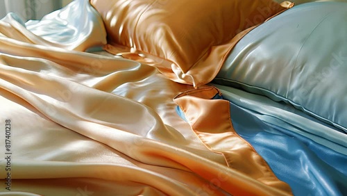 A satinfinished fitted sheet smooth and soft to the touch perfectly fitted on a kingsize bed. photo