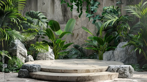 Green background podium abstract studio leaf pedestal scene minimal plant design cosmetic