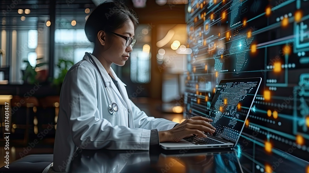 Obraz premium Doctor work with laptop computer,digital healthcare technology,system analysis network connection hologram virtual screen interface