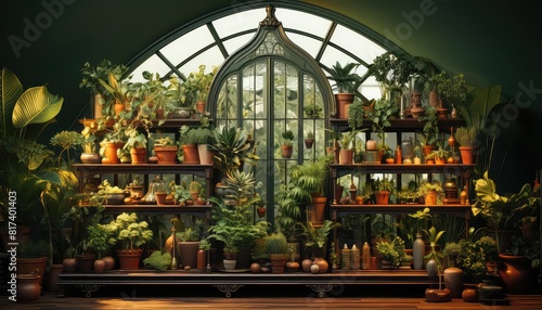 Greenhouse background flat design side view rustic plant nursery theme 3D render vivid