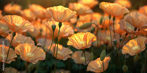  Entrancing field of gold-tipped opium poppies dance in the breeze, captivating with their hypnotic beauty.