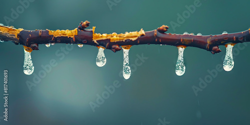 LSD infused droplets drip from a splintered branch, evoking a sense of wonder. photo