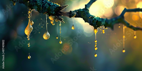 LSD infused droplets drip from a splintered branch, evoking a sense of wonder. photo