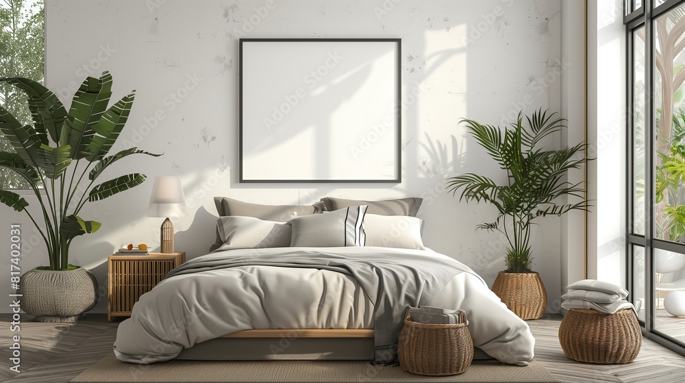 Naklejka premium The interior bedroom mock up poster frame interior background,3D , 3D illustration