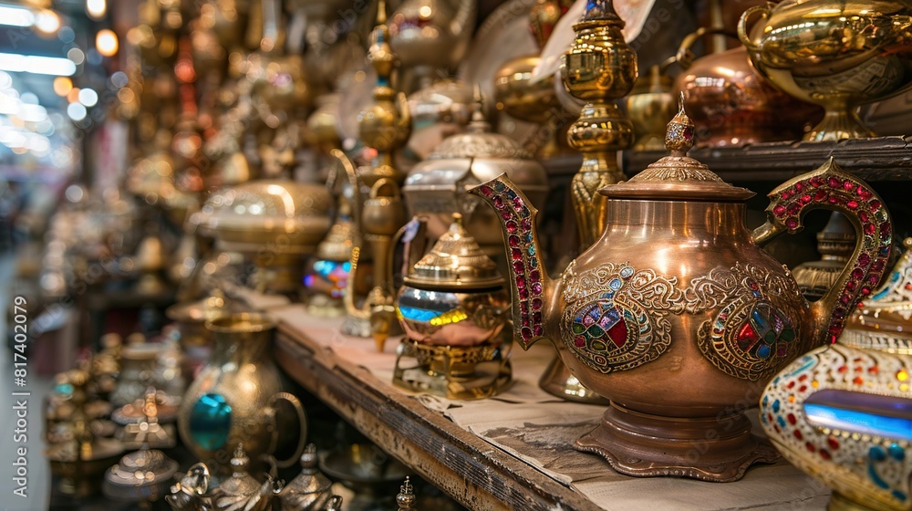 Ornate metal teapots and other vessels with turquoise accents sit on a shelf.

