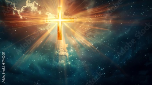 divine light illuminating heaven spiritual crossshaped beams symbolizing gods love and grace abstract background photo