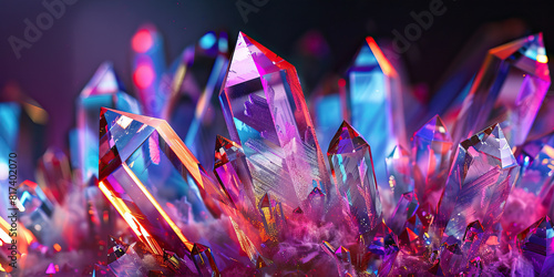 Ecstasy-like crystals glimmer against a dark background, reflecting vibrant hues