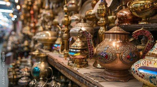Ornate metal teapots and other vessels with turquoise accents sit on a shelf.