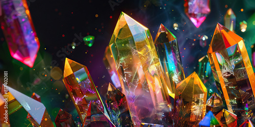 Ecstasy-like crystals glimmer against a dark background, reflecting vibrant hues