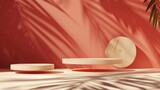 Wooden scenes of different geometric shapes on an abstract red and beige background with the shadow of plant leaves. Premium empty podium for advertising and presentation your product.
