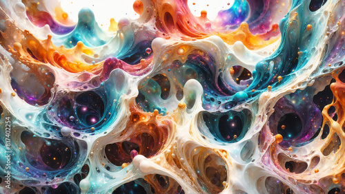 Colorful magnificent cosmic genesis emergent universe life creating enchanting spectacle. Beautiful liquid colors merge into amazing flows and intertwine in dynamic motion creating hypnotic symphony photo