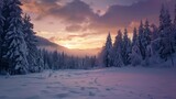 beautiful sunset of a snow-covered pine forest in winter in high resolution and high quality