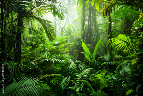 Lush green rainforest with dense foliage and diverse wildlife  perfect for travel and adventure promotions.