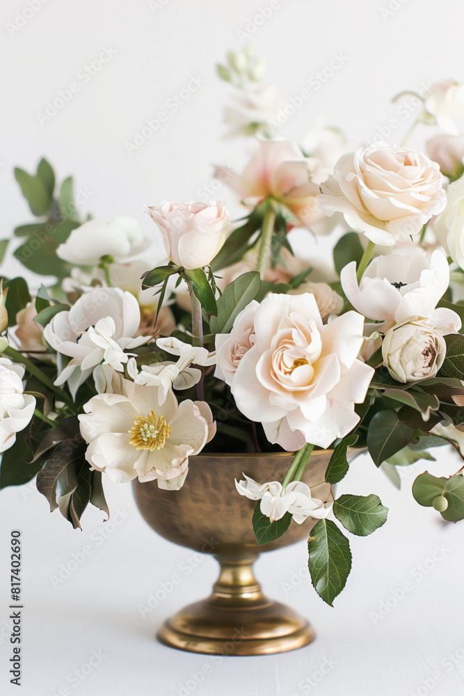 An arrangement of roses, peonies and ranunculus flowers in a vintage gold vase An arrangement of roses, peonies and ranunculus flowers in a vintage gold vase