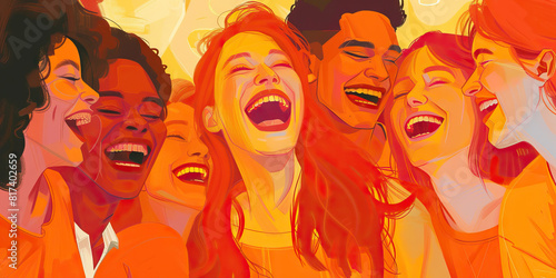 Neon orange drugs: A group of people laughing together, the joy and connection clear on their faces