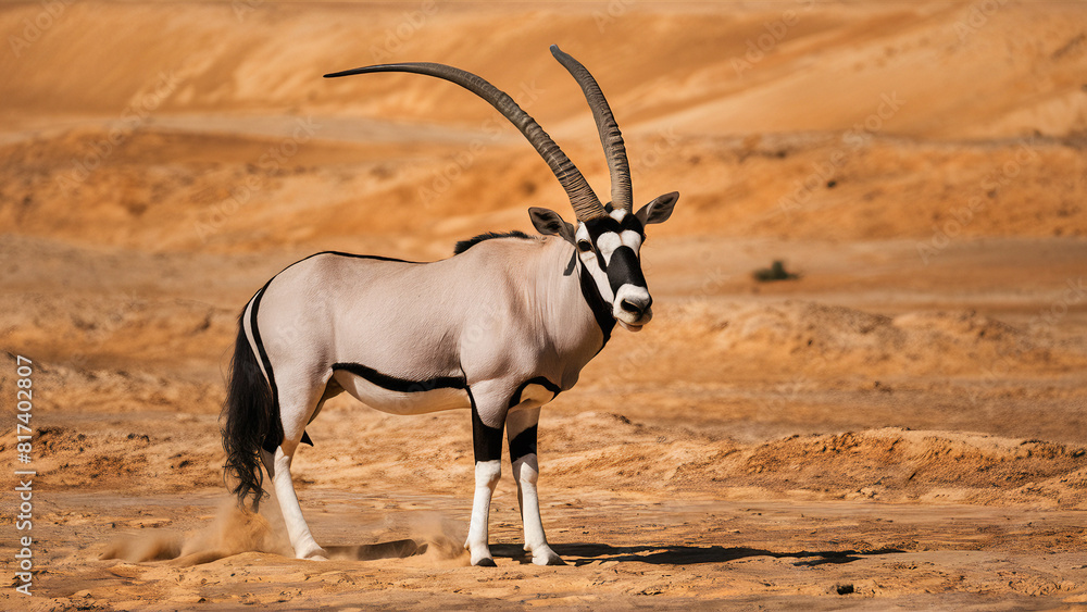 An elegant oryx with twisted horns standing in the desert An elegant oryx with twisted horns standing in the desert