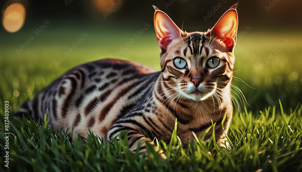 A Bengal cat lies on the grass at sunrise. World Cat Day A Bengal cat lies on the grass at sunrise. World Cat Day