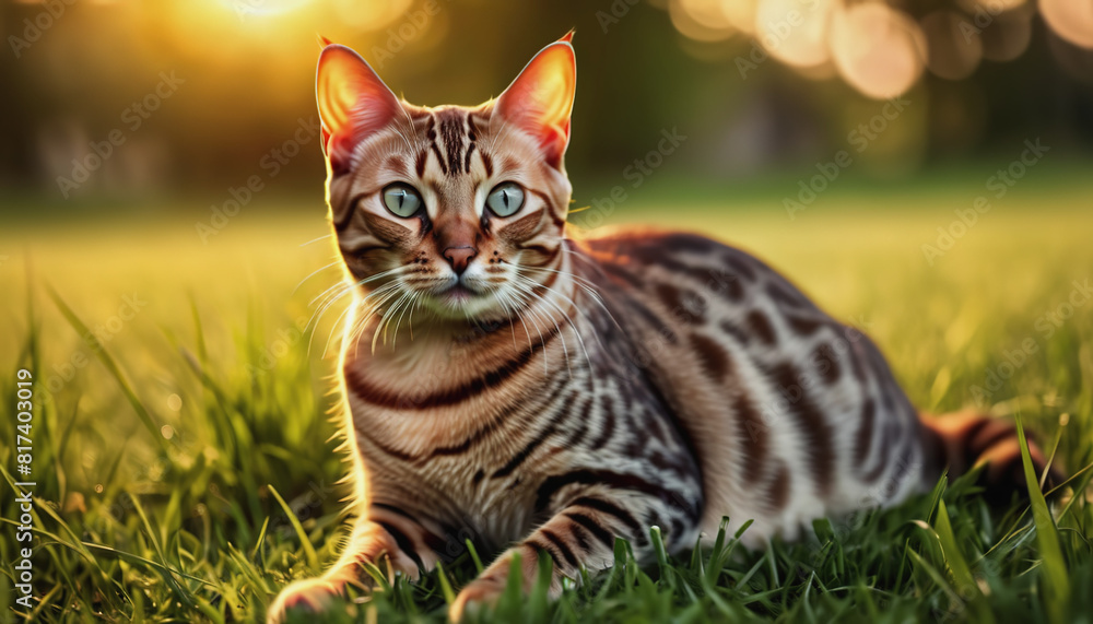A Bengal cat lies on the grass at sunrise. World Cat Day