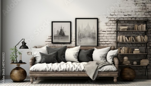 Guest Room background flat design top view bohemian artsy theme 3D render black and white photo