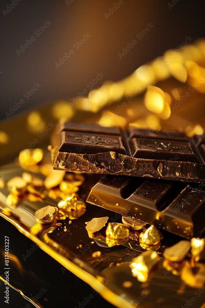 Dark chocolate bar with intricate designs on a golden surface with decorations, evokes elegance, luxury, and indulgence, Warm lighting, reflective gold Dark chocolate bar with intricate designs on a golden surface with decorations, evokes elegance, luxury, and indulgence, Warm lighting, reflective gold