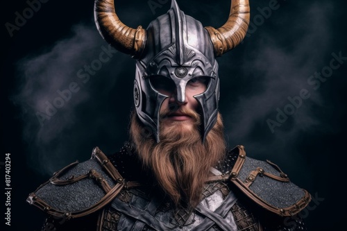 viking wearing horned helmet on a black background