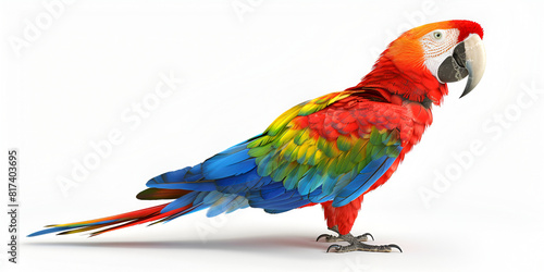 Beautiful big wild parrot looking forward is shown in full length A colorful parrot standing on a white surface.  photo