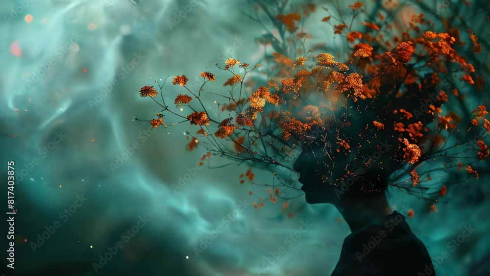 Person's head morphing into tree with autumn leaves amidst mystic, teal fog Person's head morphing into tree with autumn leaves amidst mystic, teal fog