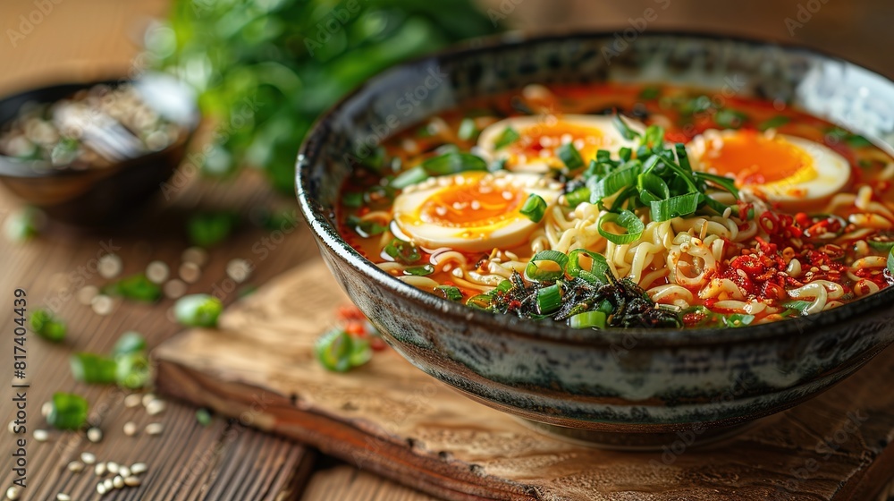 Miso Ramen Asian noodles with egg, enoki and pak choi cabbage in bowl on wooden background Miso Ramen Asian noodles with egg, enoki and pak choi cabbage in bowl on wooden background