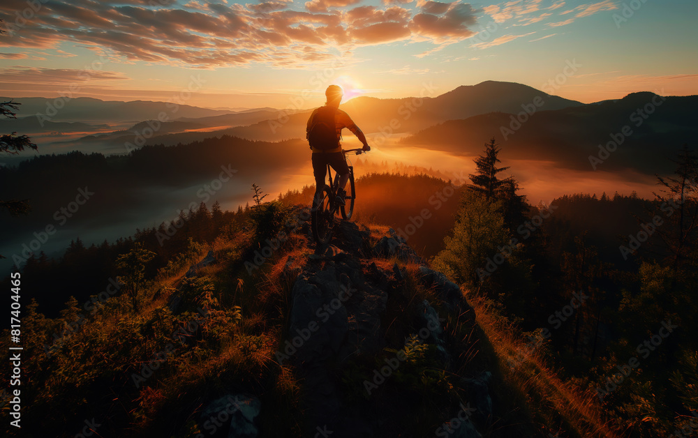 Cyclist Overlooking Misty Valley at Sunrise