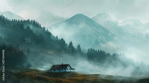 isolated farmhouse in misty mountains tranquil rural landscape of northern europe digital painting
