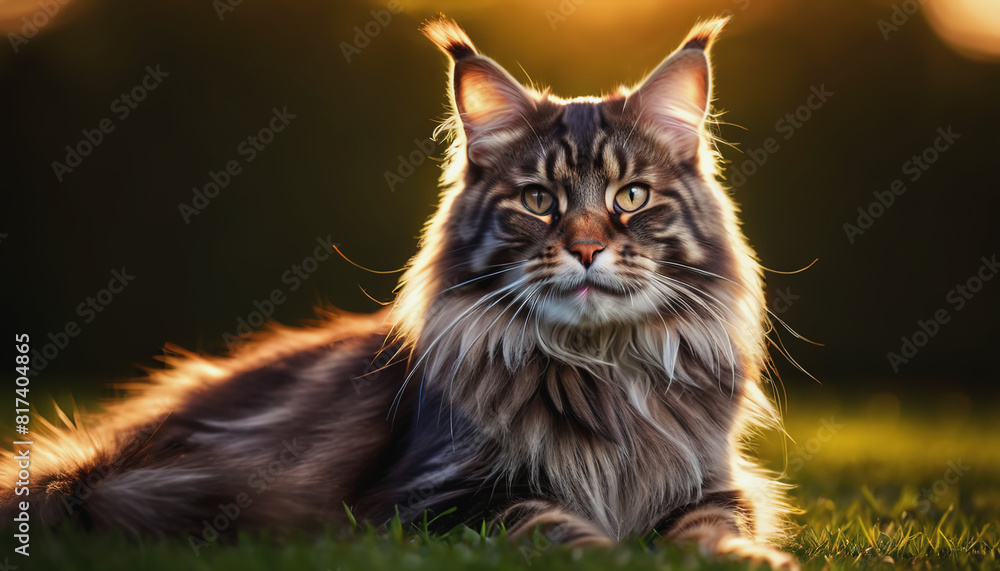The Maine Coon is lying on the grass at dawn. World Cat Day