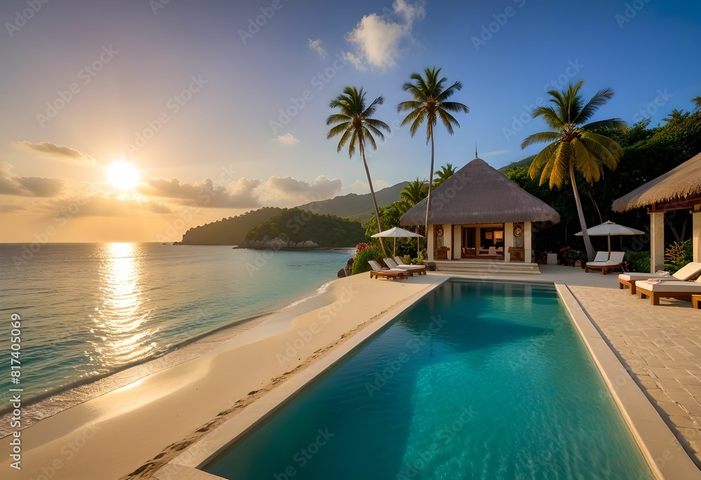 Summer beach scene with sun shining. Landscape of a vacation resort with pool umbrellas and sunbeds. 3D Rendering Summer beach scene with sun shining. Landscape of a vacation resort with pool umbrellas and sunbeds. 3D Rendering