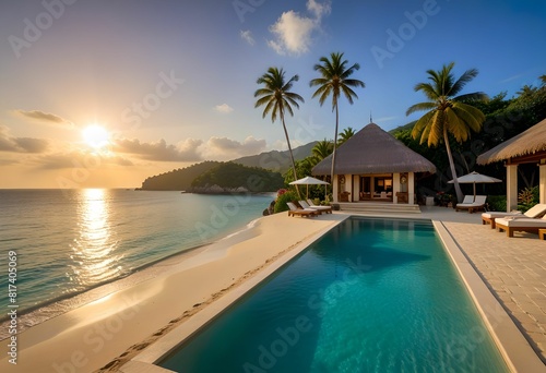 Summer beach scene with sun shining. Landscape of a vacation resort with pool umbrellas and sunbeds. 3D Rendering