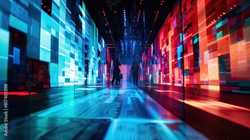 The image is of a city street scene with tall buildings on either side. The colors are blue and red, and the image has a futuristic feel.

 photo