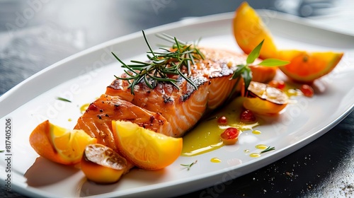 luxury restaurant plating of ovenbaked salmon with orange and rosemary minimalist smoked salmon presentation nouvelle cuisine food photography photo