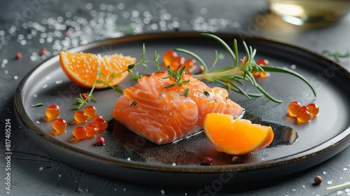 luxury restaurant plating of ovenbaked salmon with orange and rosemary minimalist smoked salmon presentation nouvelle cuisine food photography