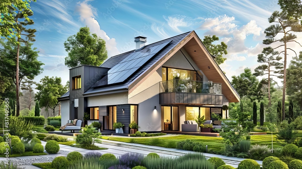 modern ecofriendly suburban house with solar panels on roof landscaped yard sustainable living digital painting modern ecofriendly suburban house with solar panels on roof landscaped yard sustainable living digital painting