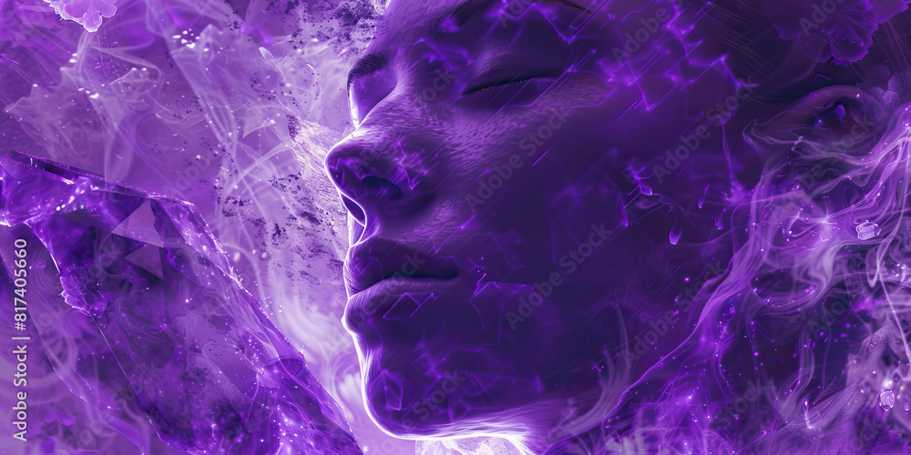 The deep purple of an opaque amethyst casts a mysterious glow over a secretive person's face, hinting at hidden depths The deep purple of an opaque amethyst casts a mysterious glow over a secretive person's face, hinting at hidden depths