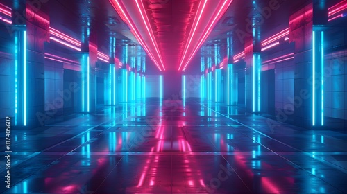 3d abstract technology glowing neon fast speed light background, empty space scene, reflection floor, virtual reality, cyber space futuristic sci-fi background, motion line high speed for mock up.