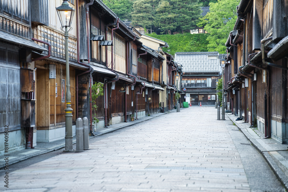 Kanazawa,Japan - May 14,2024: Higashi Chaya Tea District in Kanazawa at dawn