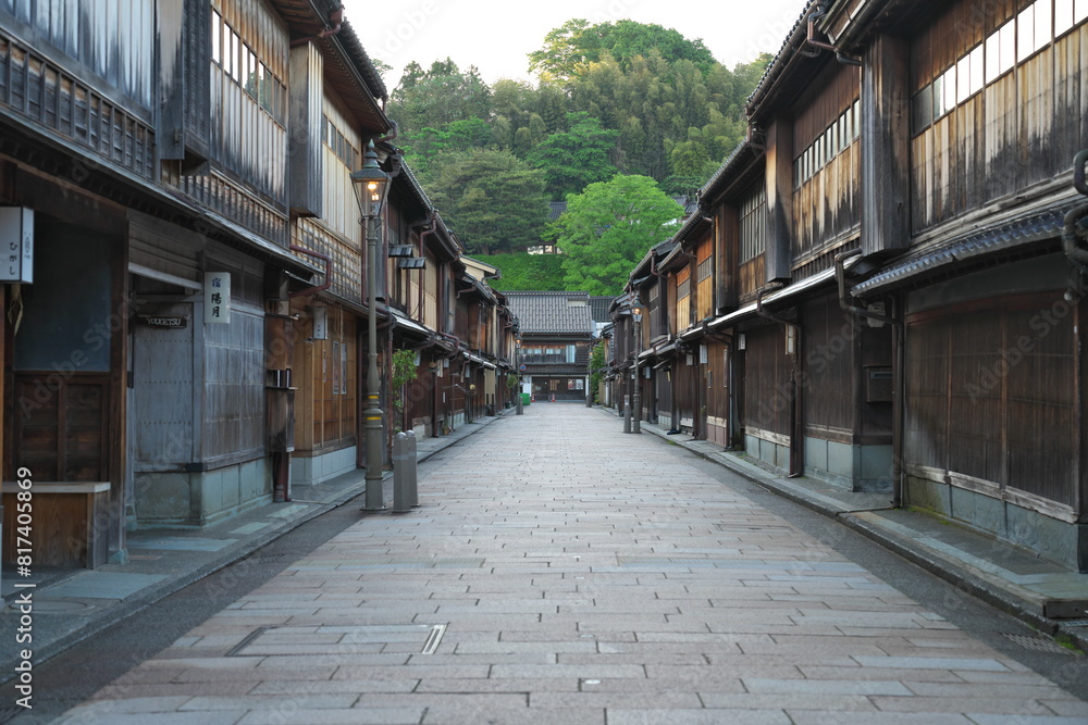 Kanazawa,Japan - May 14,2024: Higashi Chaya Tea District in Kanazawa at dawn Kanazawa,Japan - May 14,2024: Higashi Chaya Tea District in Kanazawa at dawn
