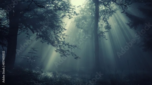 mysterious dark forest with fog and light rays enchanted woods fantasy landscape
