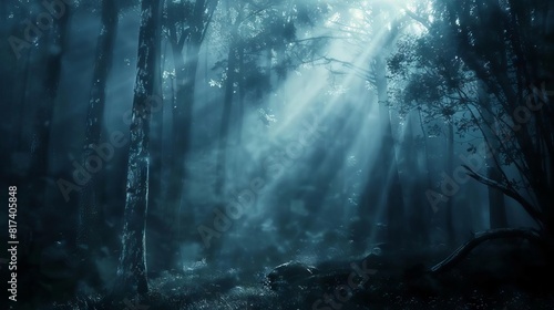 mysterious dark forest with fog and light rays enchanted woods fantasy landscape