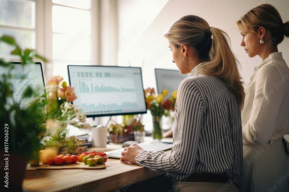 Woman with back pain working at standing desk home office Woman working at home experiencing back pain Woman with back pain working at standing desk home office Woman working at home experiencing back pain