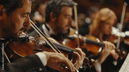 passionate violinist performing in a symphony orchestra captured in a blurred emotive shot