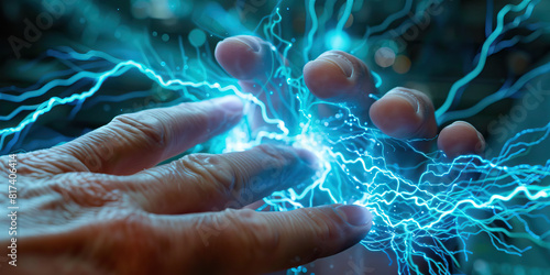 Electric blue energy crackles between a scientist's fingers as they experiment with new formulas. photo