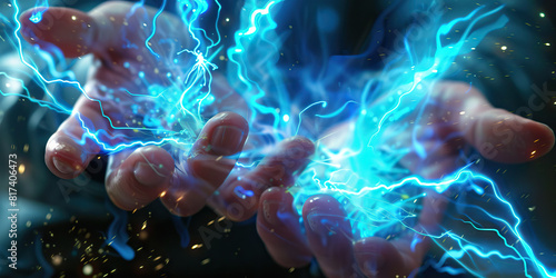  Vibrant azure sparks dance along the fingertips of a focused scientist photo