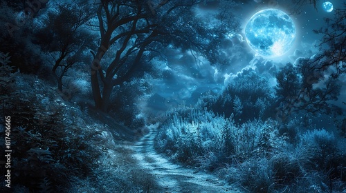 This image shows a dirt road in a forest at night. There is a full moon shining through the trees.