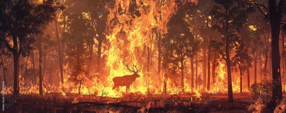 Forest fire with flames consuming trees and wildlife. The intense blaze engulfs the forest, casting an orange glow and thick smoke. A lone deer stands in the devastating impact on nature. Forest fire with flames consuming trees and wildlife. The intense blaze engulfs the forest, casting an orange glow and thick smoke. A lone deer stands in the devastating impact on nature.
